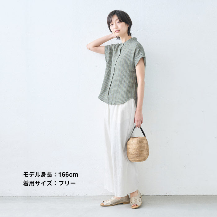 [夏薄手半袖シャツレディースブラウス]リネン100%ストライプバンドカラーフレンチスリーブシャツ/日本製40代50代60代リネンシャツ麻100リネン麻涼しい速乾おしゃれこなれカジュアルトップスすっきり