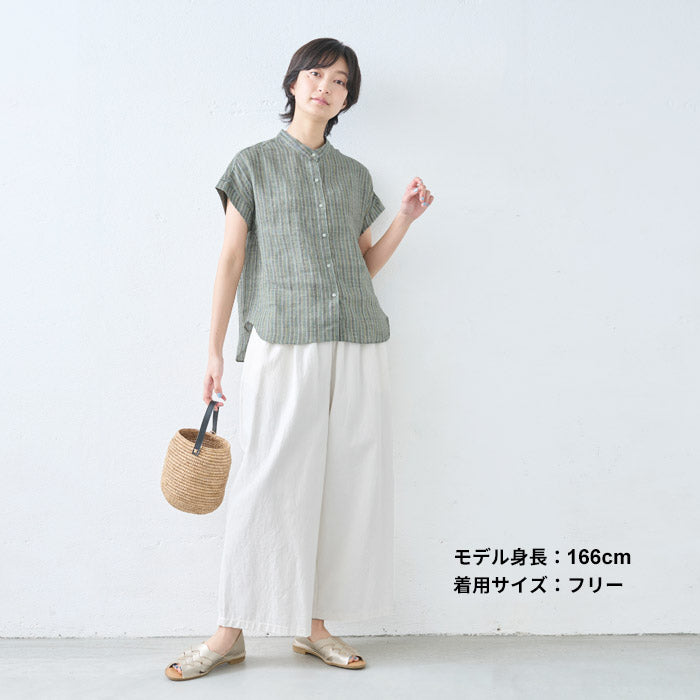 [夏薄手半袖シャツレディースブラウス]リネン100%ストライプバンドカラーフレンチスリーブシャツ/日本製40代50代60代リネンシャツ麻100リネン麻涼しい速乾おしゃれこなれカジュアルトップスすっきり