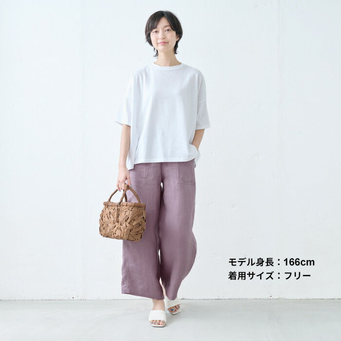 [リネンパンツレディース麻ワイドパンツ]オーガニックリネン100％ベイカーワイドパンツ/日本製40代50代60代女性ファッションベイカーパンツ薄手軽いリネン100%麻100％ウエストゴム麻落ち感大きめ春夏秋総ゴム体型カバー無地