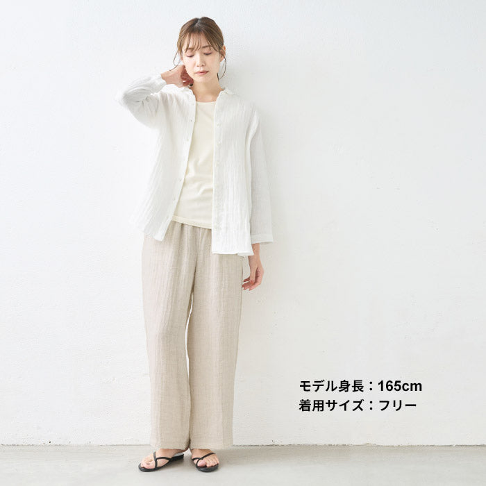 [パンツレディースワイド春夏]リネン＆コットン接結ワイドパンツ/日本製40代50代60代30代女性きれいめロングウエストゴム麻綿ナチュラルカジュアルシンプル無地リラックスパンツイージーパンツ春夏