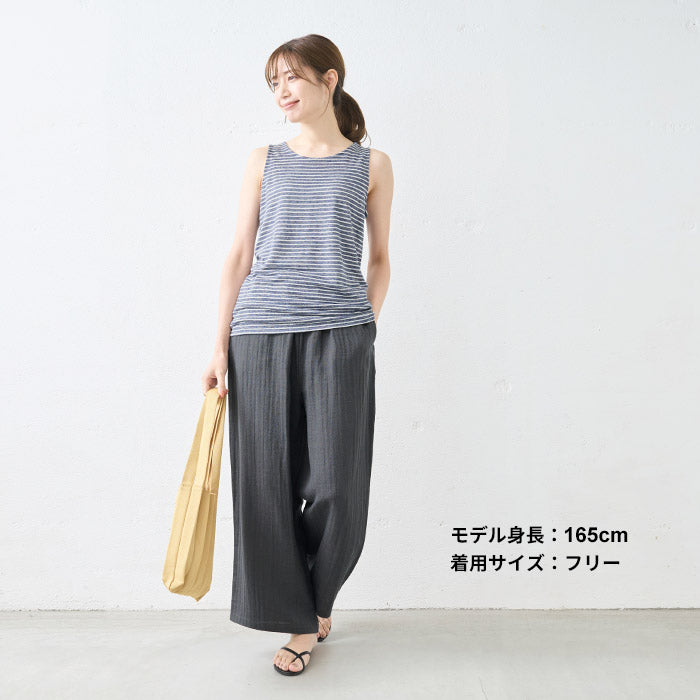 [パンツレディースワイド春夏]リネン＆コットン接結ワイドパンツ/日本製40代50代60代30代女性きれいめロングウエストゴム麻綿ナチュラルカジュアルシンプル無地リラックスパンツイージーパンツ春夏