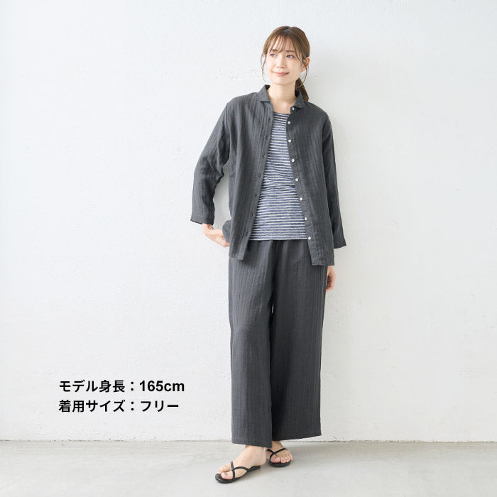 [パンツレディースワイド春夏]リネン＆コットン接結ワイドパンツ/日本製40代50代60代30代女性きれいめロングウエストゴム麻綿ナチュラルカジュアルシンプル無地リラックスパンツイージーパンツ春夏