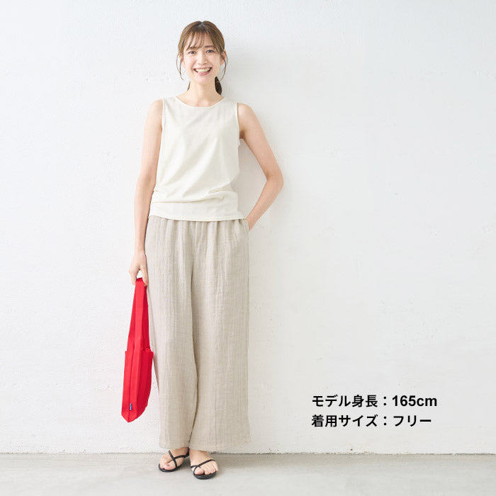 [パンツレディースワイド春夏]リネン＆コットン接結ワイドパンツ/日本製40代50代60代30代女性きれいめロングウエストゴム麻綿ナチュラルカジュアルシンプル無地リラックスパンツイージーパンツ春夏
