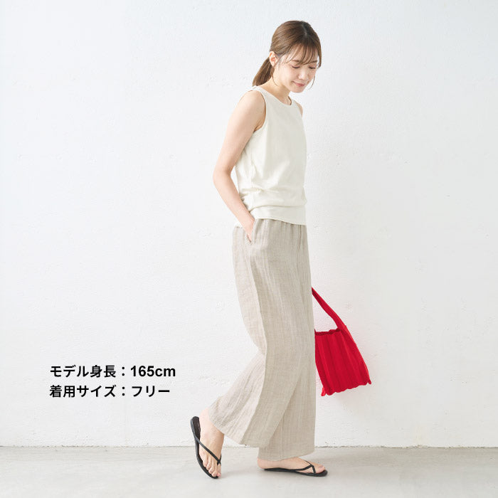 [パンツレディースワイド春夏]リネン＆コットン接結ワイドパンツ/日本製40代50代60代30代女性きれいめロングウエストゴム麻綿ナチュラルカジュアルシンプル無地リラックスパンツイージーパンツ春夏