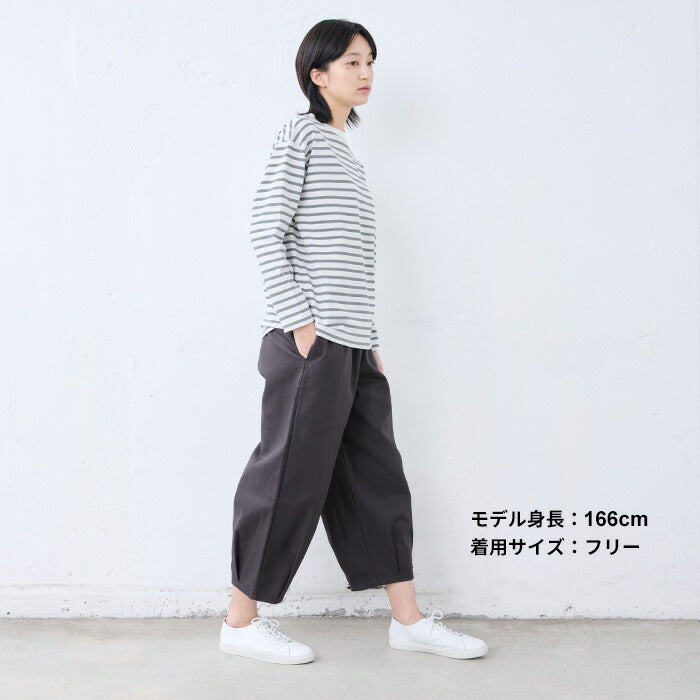 [日本製バルーンパンツレディース50代コットンコクーンパンツ]コットン100%しっかり厚手ヘリンボンクロップドバルーンパンツ/40代60代女性ファッションおしゃれきれいめクロップドパンツウエストゴム春綿100％ゆったり体型カバー