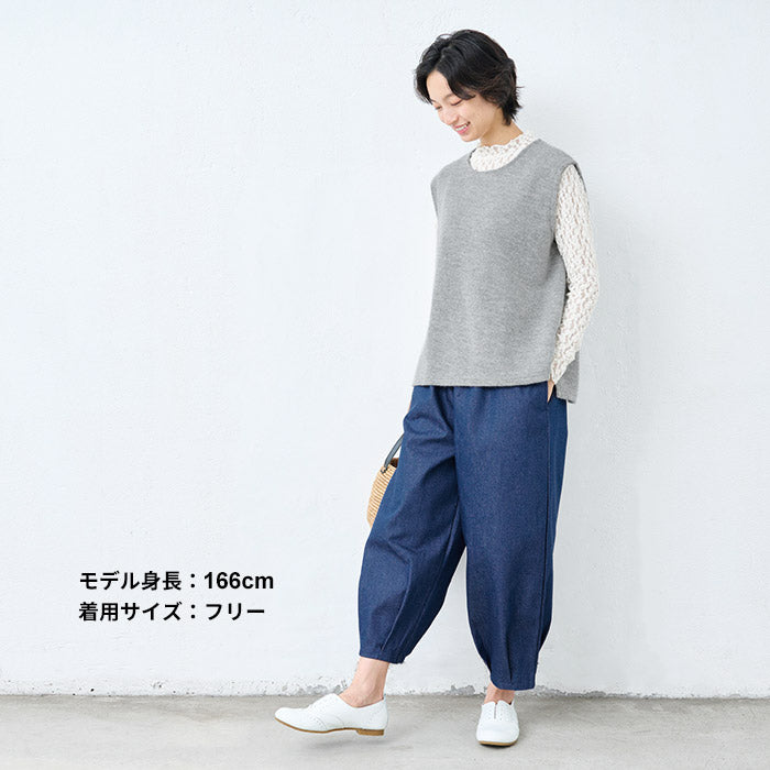 コットン100% しっかり厚手 ヘリンボン クロップド バルーンパンツ