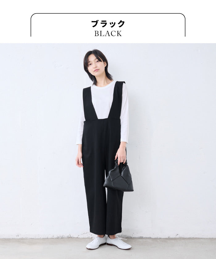 [サロペットレディースパンツ大人綿50代40代]強撚糸コットン100％オーバーオール/日本製30代女性ファッション体型カバーワイドシンプルポケットワイドパンツ楽ちん大人カジュアルオールインワンきれいめフォーマルセレモニー