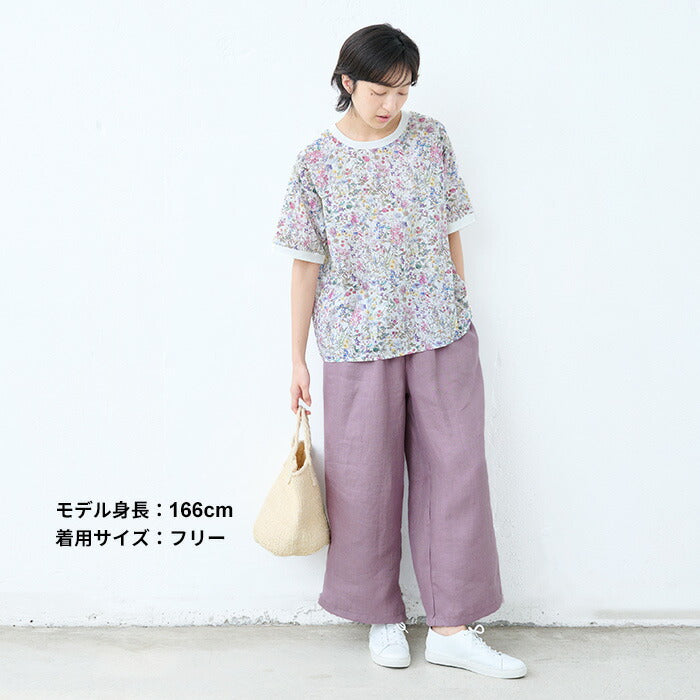 [リネンパンツレディース麻ワイドパンツ]オーガニックリネン100％ワイドパンツ/日本製40代50代60代ファッション春夏涼しい薄手軽いリネン100%ウエストゴム麻落ち感大きめ春夏総ゴム体型カバー無地