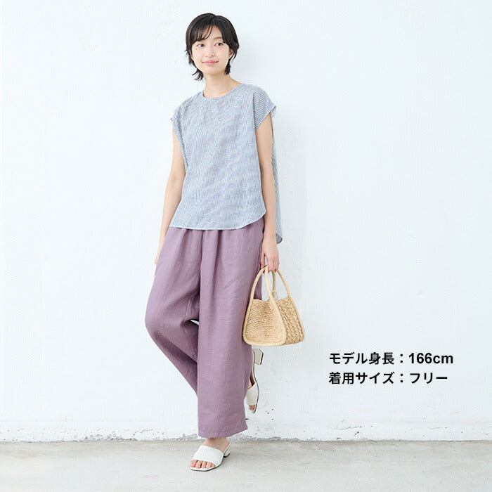 [リネンパンツレディース麻ワイドパンツ]オーガニックリネン100％ワイドパンツ/日本製40代50代60代ファッション春夏涼しい薄手軽いリネン100%ウエストゴム麻落ち感大きめ春夏総ゴム体型カバー無地