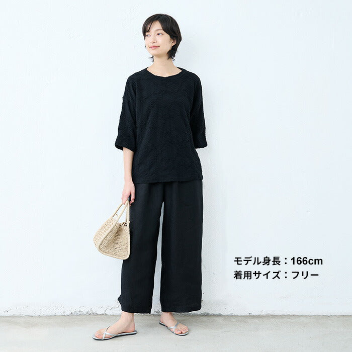 [リネンパンツレディース麻ワイドパンツ]オーガニックリネン100％ワイドパンツ/日本製40代50代60代ファッション春夏涼しい薄手軽いリネン100%ウエストゴム麻落ち感大きめ春夏総ゴム体型カバー無地
