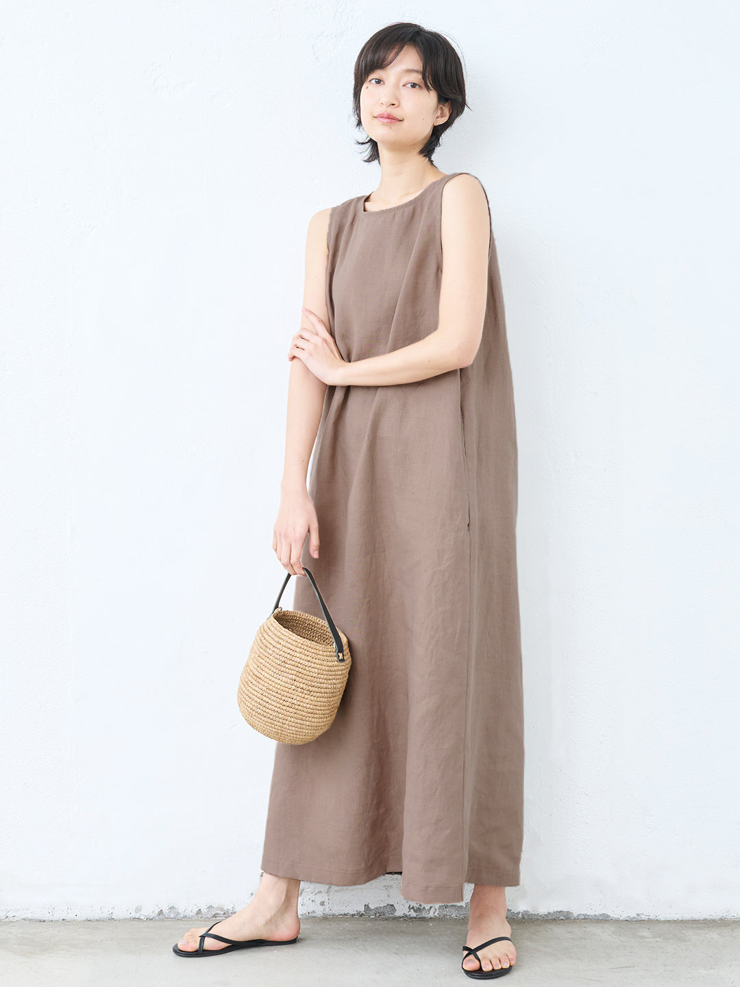 【訳あり大特価 アウトレット品】40番手麻（ヘンプ）100%ノースリーブワンピース (穴あり・画像あり)