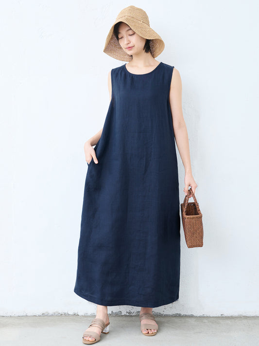 【訳あり大特価 アウトレット品】40番手麻（ヘンプ）100%ノースリーブワンピース (飛び込み・織りキズあり)
