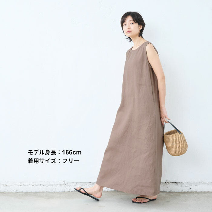 [レディースワンピース麻ノースリーブ夏]40番手麻100%(ヘンプ)ノースリーブワンピース/日本製40代50代60代ペチワンピース麻100涼しいゆったり体型カバーAライン軽い無地ナチュラルシンプルカジュアル薄手速乾春夏真夏