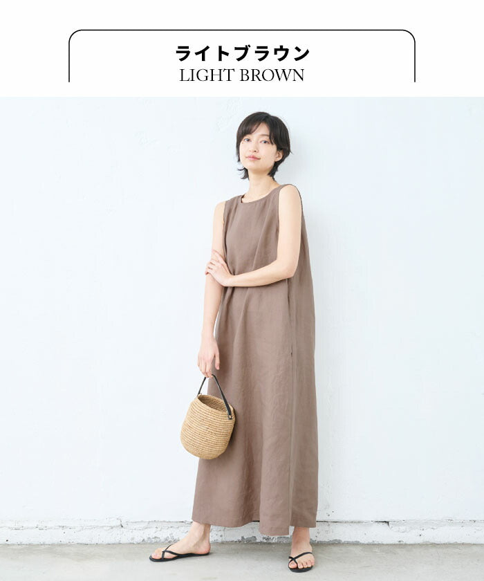 [レディースワンピース麻ノースリーブ夏]40番手麻100%(ヘンプ)ノースリーブワンピース/日本製40代50代60代ペチワンピース麻100涼しいゆったり体型カバーAライン軽い無地ナチュラルシンプルカジュアル薄手速乾春夏真夏