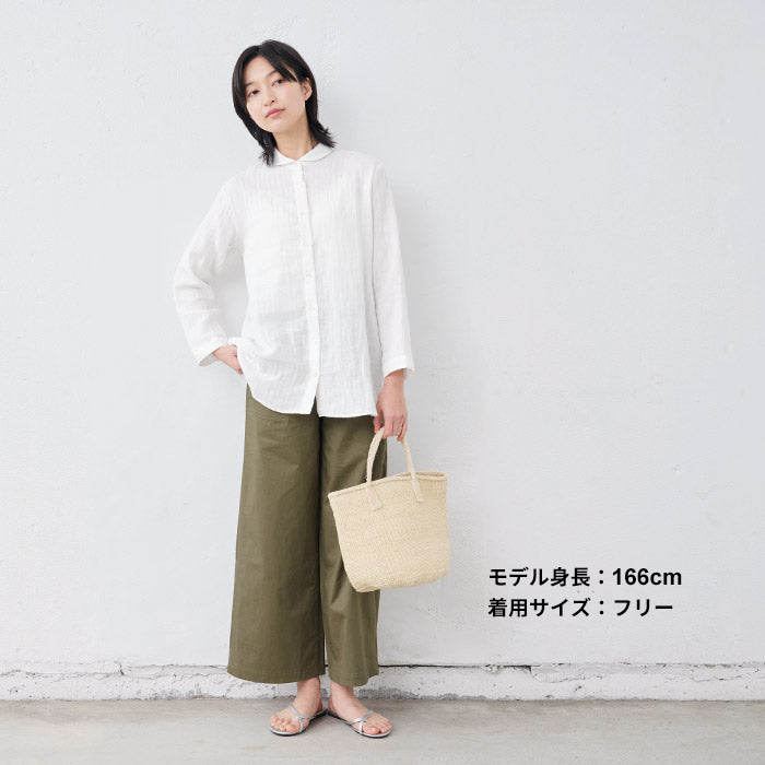 [ガーゼシャツレディース長袖]リネン＆コットン接結九分袖マルエリシャツ/日本製40代50代60代30代丸襟シャツ丸襟マルエリゆったり白シャツ部屋着寝間着綿麻春夏無地襟付き