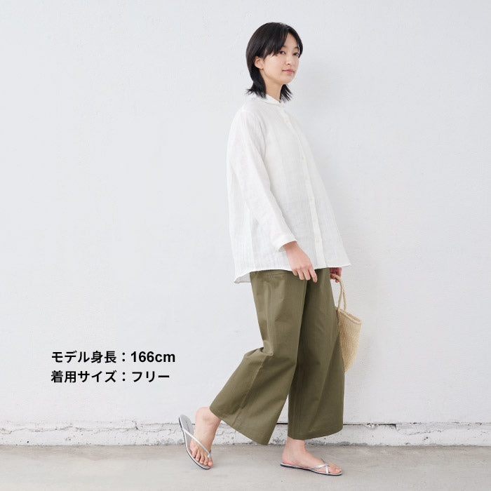 [ガーゼシャツレディース長袖]リネン＆コットン接結九分袖マルエリシャツ/日本製40代50代60代30代丸襟シャツ丸襟マルエリゆったり白シャツ部屋着寝間着綿麻春夏無地襟付き