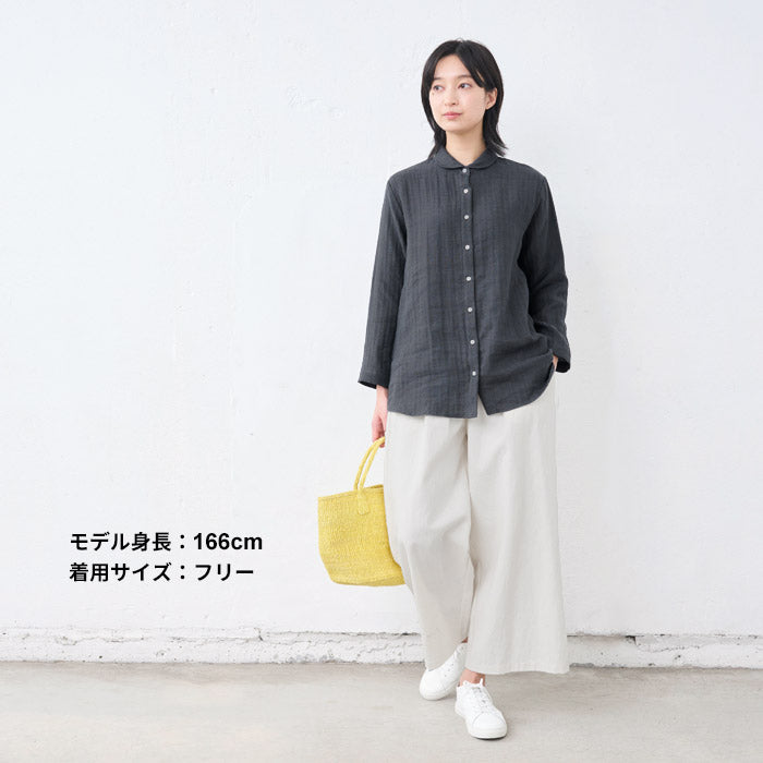 [ガーゼシャツレディース長袖]リネン＆コットン接結九分袖マルエリシャツ/日本製40代50代60代30代丸襟シャツ丸襟マルエリゆったり白シャツ部屋着寝間着綿麻春夏無地襟付き