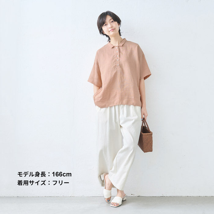 [夏薄手半袖シャツレディースゆったりブラウス]60番手ジャパンリネン100%五分袖シャツ/日本製40代50代60代襟付きリネン100%麻100リネン麻涼しいおしゃれこなれプルオーバーカジュアルトップス襟付き体型カバー