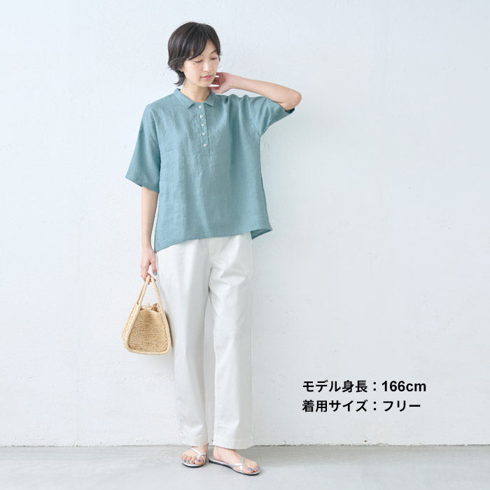 [夏薄手半袖シャツレディースゆったりブラウス]60番手ジャパンリネン100%五分袖シャツ/日本製40代50代60代襟付きリネン100%麻100リネン麻涼しいおしゃれこなれプルオーバーカジュアルトップス襟付き体型カバー