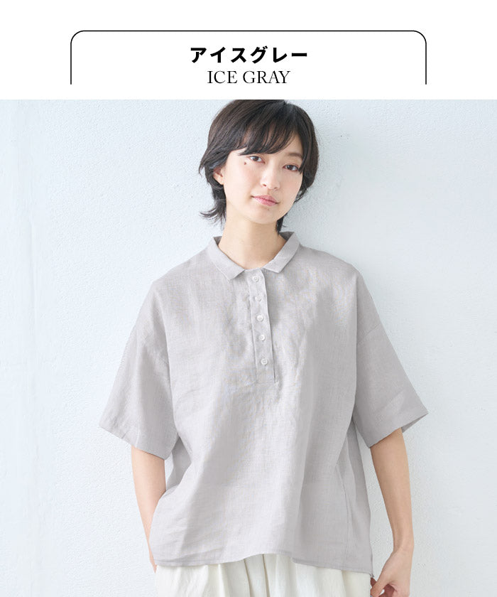 [夏薄手半袖シャツレディースゆったりブラウス]60番手ジャパンリネン100%五分袖シャツ/日本製40代50代60代襟付きリネン100%麻100リネン麻涼しいおしゃれこなれプルオーバーカジュアルトップス襟付き体型カバー