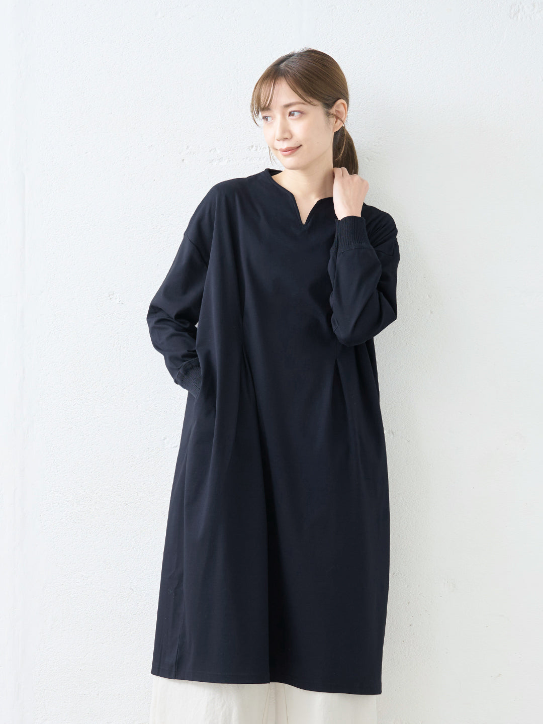 強撚糸コットン100% リブ使い ウエストタック ワンピース