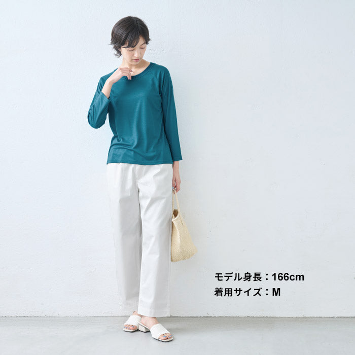 [tシャツレディース長袖無地きれいめ]シルクタッチリブ使い八分袖ラグランプルオーバー/日本製40代50代60代ゆったり8分袖レーヨンリヨセルロンT春夏秋長袖Tシャツ