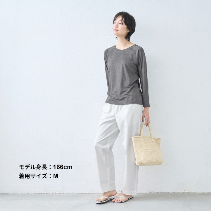 [tシャツレディース長袖無地きれいめ]シルクタッチリブ使い八分袖ラグランプルオーバー/日本製40代50代60代ゆったり8分袖レーヨンリヨセルロンT春夏秋長袖Tシャツ