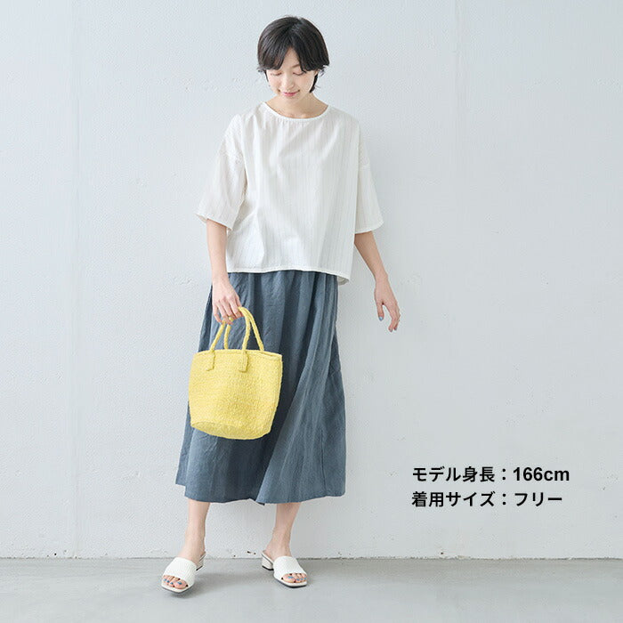 [ブラウスレディースおしゃれ五分袖]コットン＆リネンドビーTブラウス/日本製40代50代60代女性ファッションドビー織りストライプシアートップスシアーシャツ透け感トップスリネンシャツ大きめブラウス半袖レディース麻綿母の日