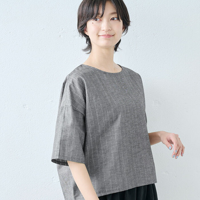 [ブラウスレディースおしゃれ五分袖]コットン＆リネンドビーTブラウス/日本製40代50代60代女性ファッションドビー織りストライプシアートップスシアーシャツ透け感トップスリネンシャツ大きめブラウス半袖レディース麻綿母の日