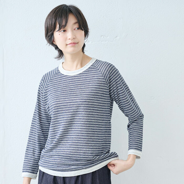 [ボーダーtシャツレディース長袖薄手リネンシャツ]プレミアムリネン100％八分袖ラグランクルーネックTシャツ配色ボーダー/日本製40代50代女性ファッションロンtリネンシャツ長袖リネン100%カットソー速乾抗菌リンガーTシャツ