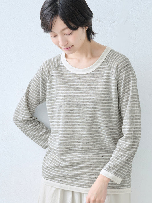 プレミアムリネン100％八分袖ラグランクルーネックTシャツ配色ボーダー