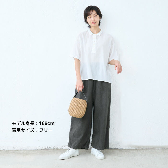 [ワイドパンツレディース春夏綿麻]桐生染めコットンリネンワイドパンツ/日本製40代50代60代女性ファッション涼しい綿麻イージーパンツウエストゴムゆったり総ゴム体型カバー近江晒無地低身長短めカジュアルおしゃれ
