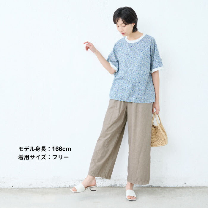[ワイドパンツレディース春夏綿麻]桐生染めコットンリネンワイドパンツ/日本製40代50代60代女性ファッション涼しい綿麻イージーパンツウエストゴムゆったり総ゴム体型カバー近江晒無地低身長短めカジュアルおしゃれ