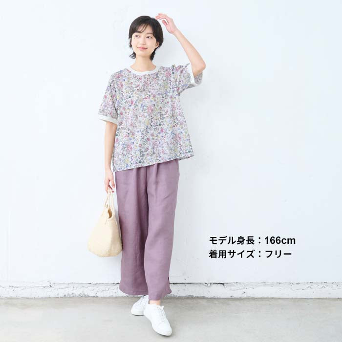 [リバティブラウス半袖レディース大人服薄手]コットン100%リバティプリントリブ使いブラウス/日本製40代50代60代ファッション花柄総柄Ｔシャツゆったりカジュアル夏トップス服綿100%綿100リバティーlibertyタナローン