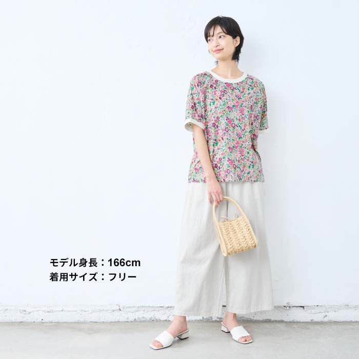 [リバティブラウス半袖レディース大人服薄手]コットン100%リバティプリントリブ使いブラウス/日本製40代50代60代ファッション花柄総柄Ｔシャツゆったりカジュアル夏トップス服綿100%綿100リバティーlibertyタナローン