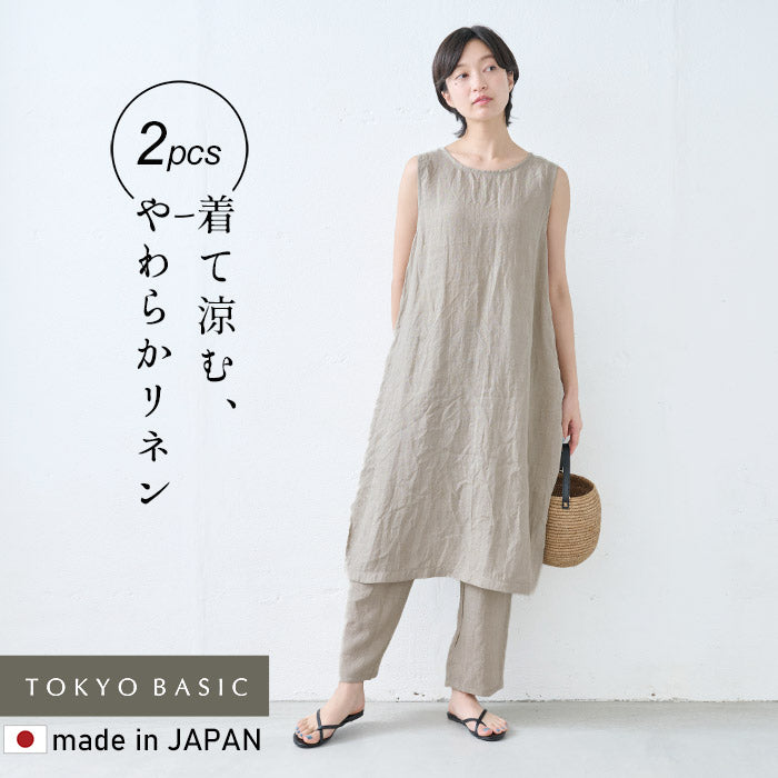 60番手 フレンチリネン100% ノースリーブワンピース ＋ ぺチパンツ 2点セット