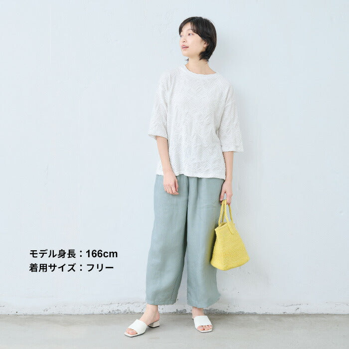 [ジャガードカットソーレディースきれいめゆったり]強撚綿タックジャガードTシャツ/日本製40代50代60代70代女性ファッションtシャツ綿100%おしゃれジャガードトップス1枚できれい通勤インナークルーネック体型カバーストレッチ夏服