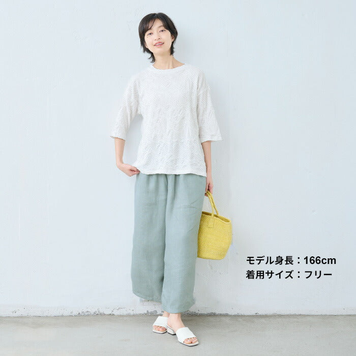[ジャガードカットソーレディースきれいめゆったり]強撚綿タックジャガードTシャツ/日本製40代50代60代70代女性ファッションtシャツ綿100%おしゃれジャガードトップス1枚できれい通勤インナークルーネック体型カバーストレッチ夏服