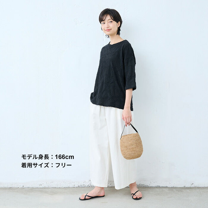 [ジャガードカットソーレディースきれいめゆったり]強撚綿タックジャガードTシャツ/日本製40代50代60代70代女性ファッションtシャツ綿100%おしゃれジャガードトップス1枚できれい通勤インナークルーネック体型カバーストレッチ夏服