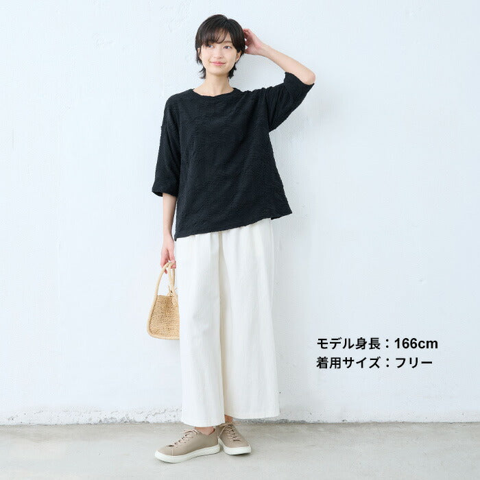 [ジャガードカットソーレディースきれいめゆったり]強撚綿タックジャガードTシャツ/日本製40代50代60代70代女性ファッションtシャツ綿100%おしゃれジャガードトップス1枚できれい通勤インナークルーネック体型カバーストレッチ夏服
