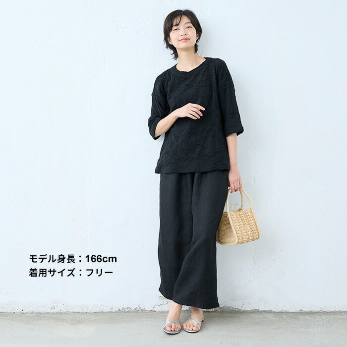 [ジャガードカットソーレディースきれいめゆったり]強撚綿タックジャガードTシャツ/日本製40代50代60代70代女性ファッションtシャツ綿100%おしゃれジャガードトップス1枚できれい通勤インナークルーネック体型カバーストレッチ夏服