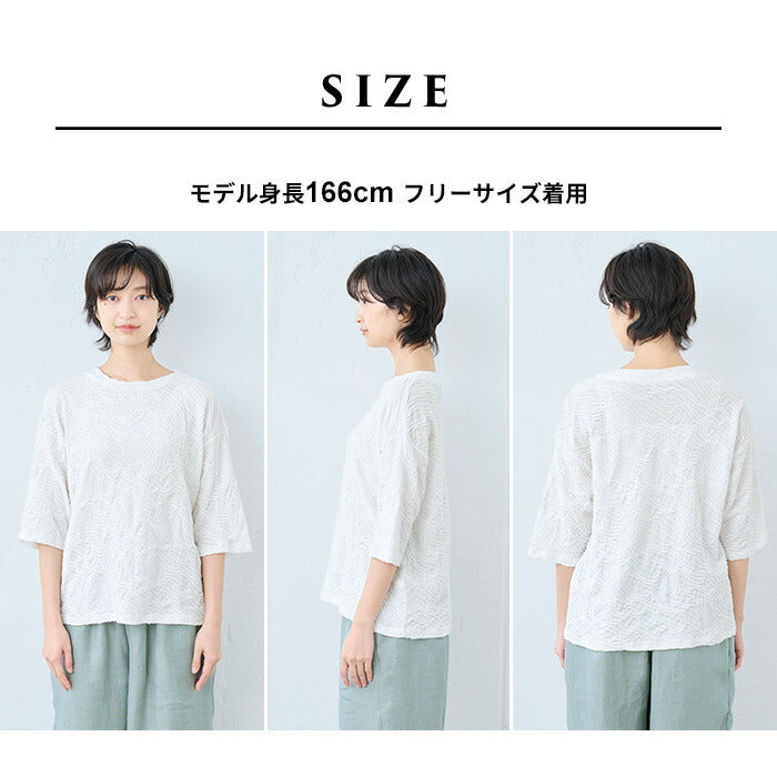 [ジャガードカットソーレディースきれいめゆったり]強撚綿タックジャガードTシャツ/日本製40代50代60代70代女性ファッションtシャツ綿100%おしゃれジャガードトップス1枚できれい通勤インナークルーネック体型カバーストレッチ夏服