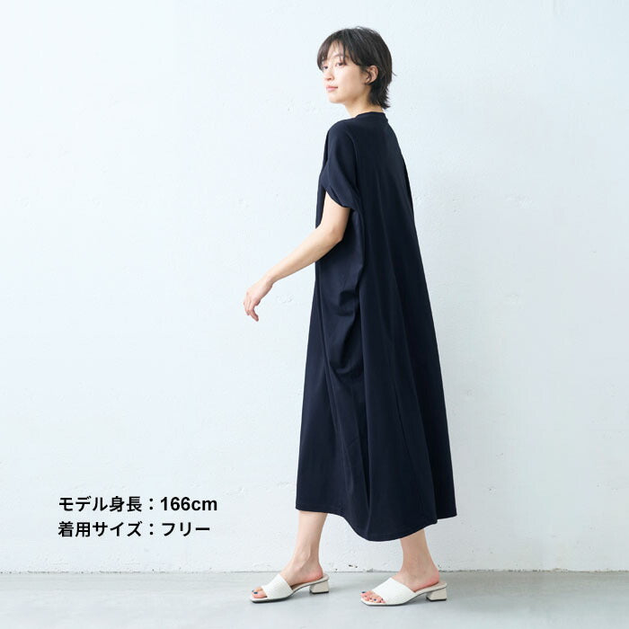 [接触冷感ロングワンピースノースリーブ夏]強撚糸コットン100％コクーンワンピース/日本製40代50代60代綿100涼しいコクーン半袖ゆったりしわになりにくい春夏大人可愛いきれいめすっきり体型カバーおしゃれオシャレ可愛い