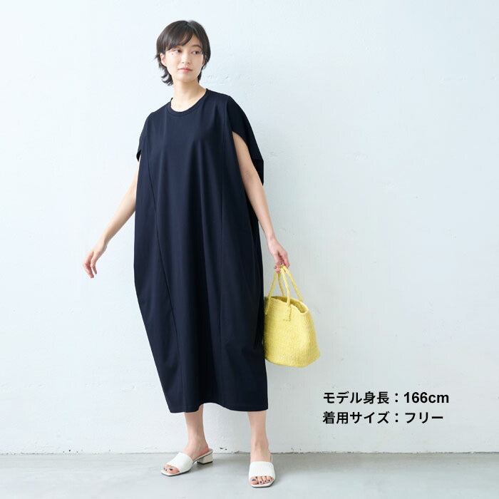 [接触冷感ロングワンピースノースリーブ夏]強撚糸コットン100％コクーンワンピース/日本製40代50代60代綿100涼しいコクーン半袖ゆったりしわになりにくい春夏大人可愛いきれいめすっきり体型カバーおしゃれオシャレ可愛い