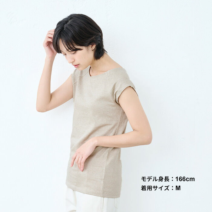 [汗取りインナーレディースtシャツ脇汗パッド付きインナー]プレミアムリネンストレッチ汗取りフレンチスリーブTシャツ/日本製40代50代60代汗染み汗染防止ワキ汗汗取りパット付フレンチ袖リネンコットン麻綿半袖吸汗吸水速乾抗菌