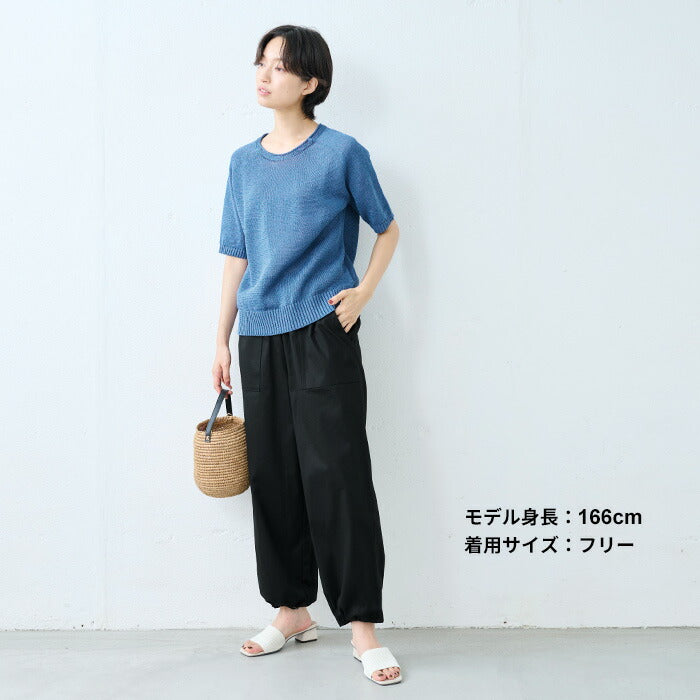 [ジョガーパンツレディース夏用裾絞りパンツレディース]コットン&リネンストレッチベイカー2WAYパンツ/日本製40代50代30代女性ファッションワイドパンツベイカーパンツ裾ゴムドローストリングパンツドロストウエストゴムポケット付き