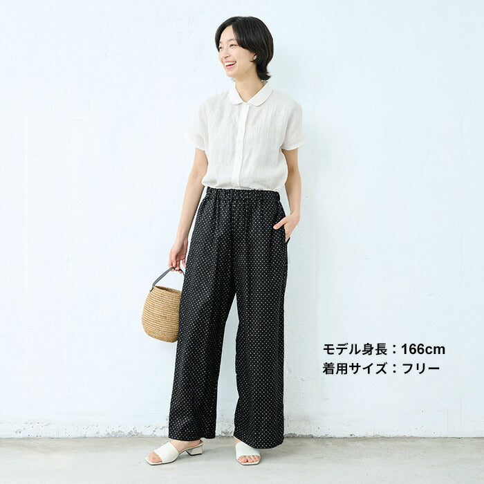 [ワイドパンツレディースきれいめ綿麻夏用涼しい]リネン&コットンドット柄ワイドパンツ/日本製40代50代60代女性ファッションウエストゴム総柄ドット水玉水玉柄薄手イージーパンツ体型カバー通勤カジュアル洗える