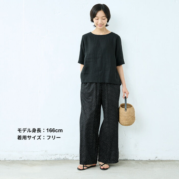 [ワイドパンツレディースきれいめ綿麻夏用涼しい]リネン&コットンドット柄ワイドパンツ/日本製40代50代60代女性ファッションウエストゴム総柄ドット水玉水玉柄薄手イージーパンツ体型カバー通勤カジュアル洗える