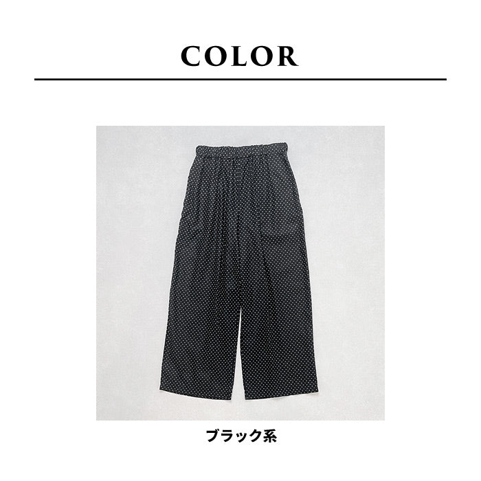[ワイドパンツレディースきれいめ綿麻夏用涼しい]リネン&コットンドット柄ワイドパンツ/日本製40代50代60代女性ファッションウエストゴム総柄ドット水玉水玉柄薄手イージーパンツ体型カバー通勤カジュアル洗える
