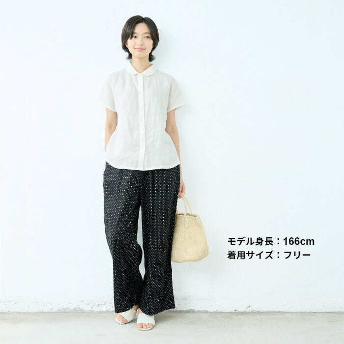 [ワイドパンツレディースきれいめ綿麻夏用涼しい]リネン&コットンドット柄ワイドパンツ/日本製40代50代60代女性ファッションウエストゴム総柄ドット水玉水玉柄薄手イージーパンツ体型カバー通勤カジュアル洗える